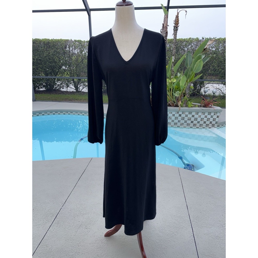 Franne Golde Luxe Stretch V-Neck Dress Maxi Black Minimalist Size L Long Sleeve